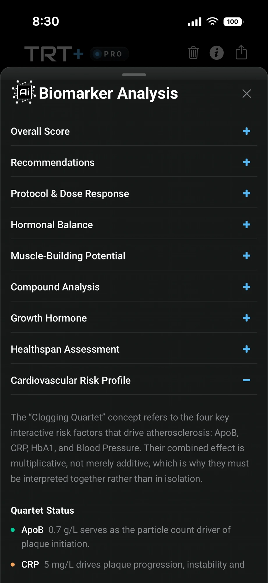 TRT Plus 8-section AI Biomarker Analysis report on iPhone — Overall Score, Recommendations, Protocol and Dose Response, Hormonal Balance, Muscle-Building Potential, Compound Analysis, Growth Hormone, Healthspan Assessment, and Cardiovascular Risk Profile expanded to show the Clogging Quartet.